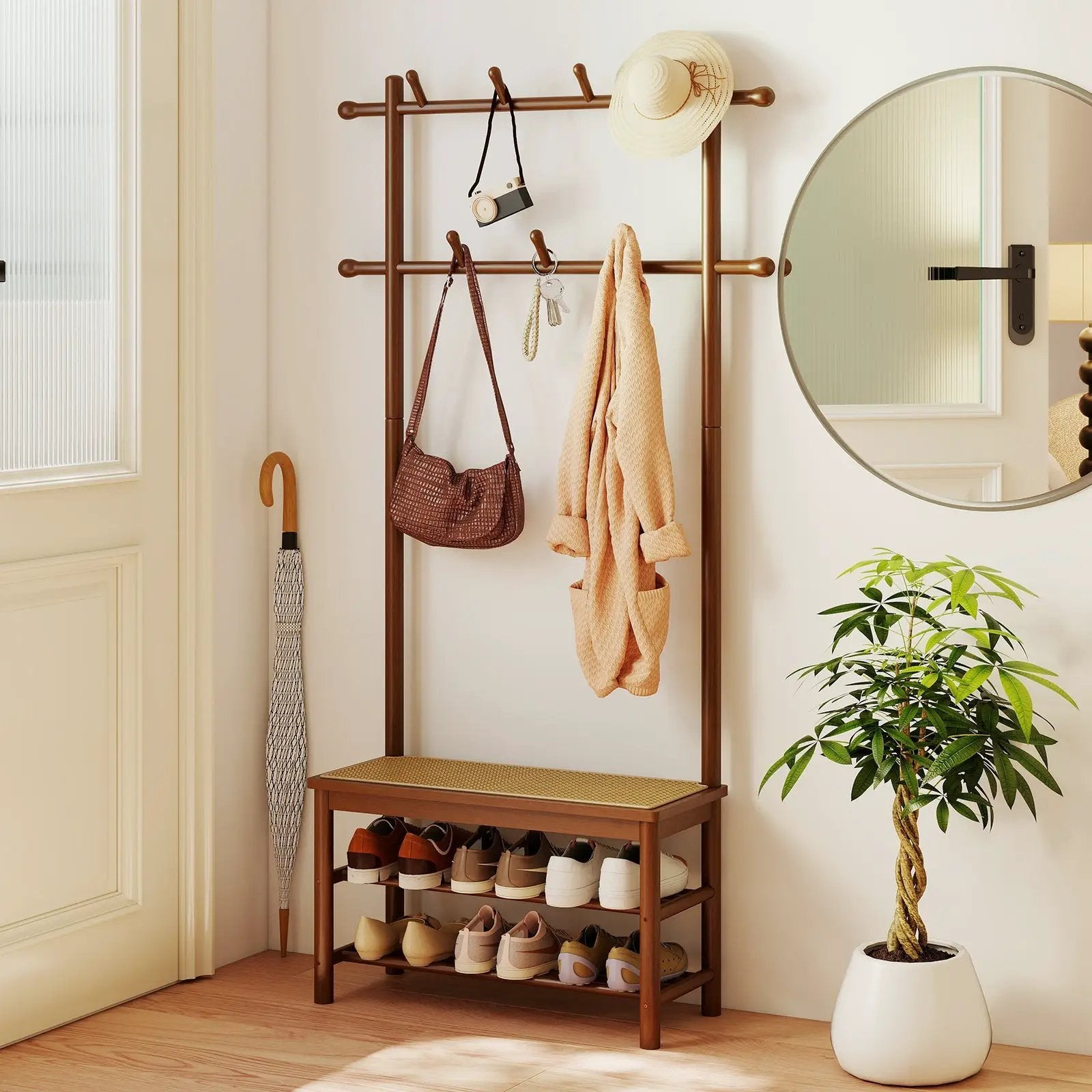 Bamboo Coat Rack PE Rattan Hall Tree with Bench and Shoe Storage 3-In-1 Entryway Bench by DirectDeals