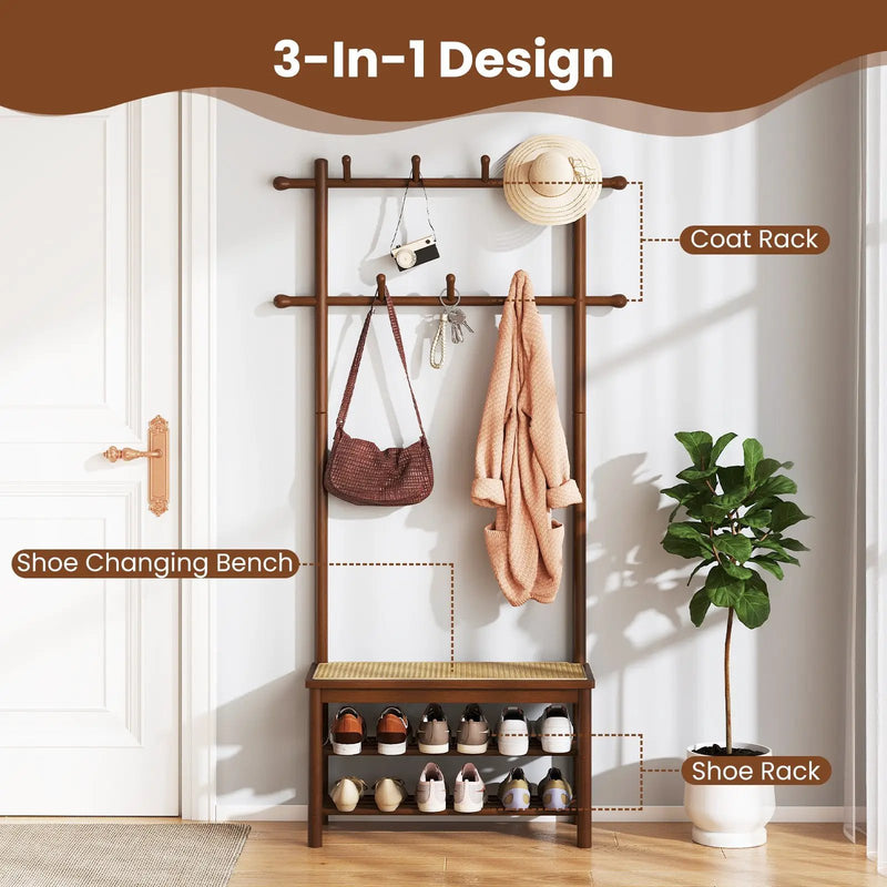 Bamboo Coat Rack PE Rattan Hall Tree with Bench and Shoe Storage 3-In-1 Entryway Bench by DirectDeals