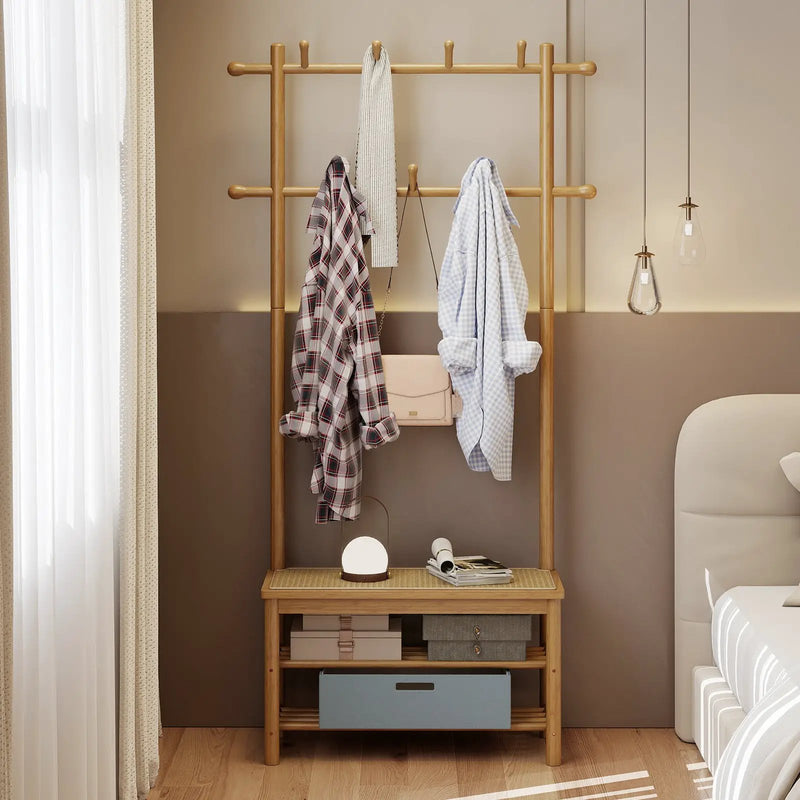 Bamboo Coat Rack PE Rattan Hall Tree with Bench and Shoe Storage 3-In-1 Entryway Bench by DirectDeals