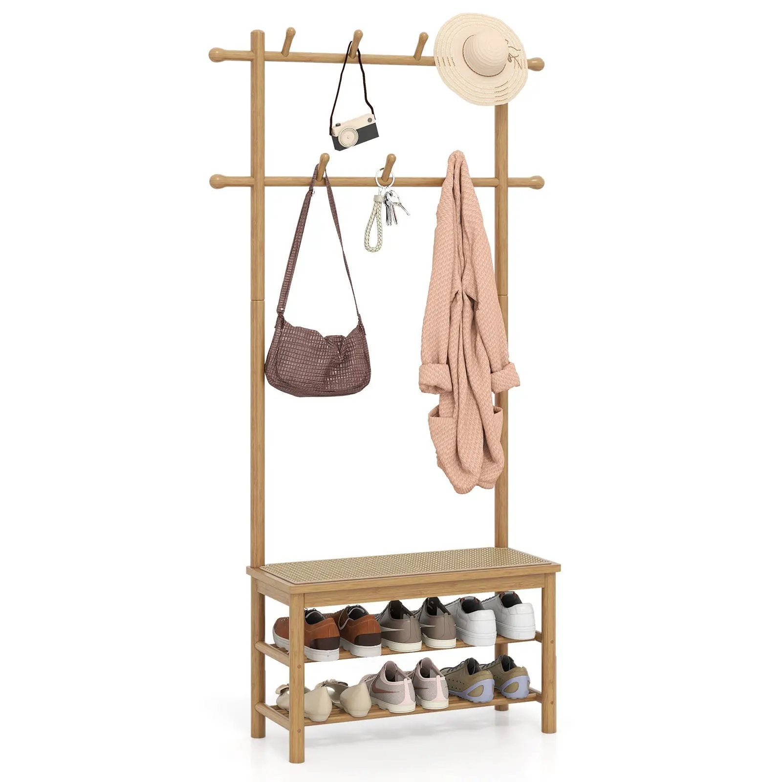 Bamboo Coat Rack PE Rattan Hall Tree with Bench and Shoe Storage 3-In-1 Entryway Bench by DirectDeals