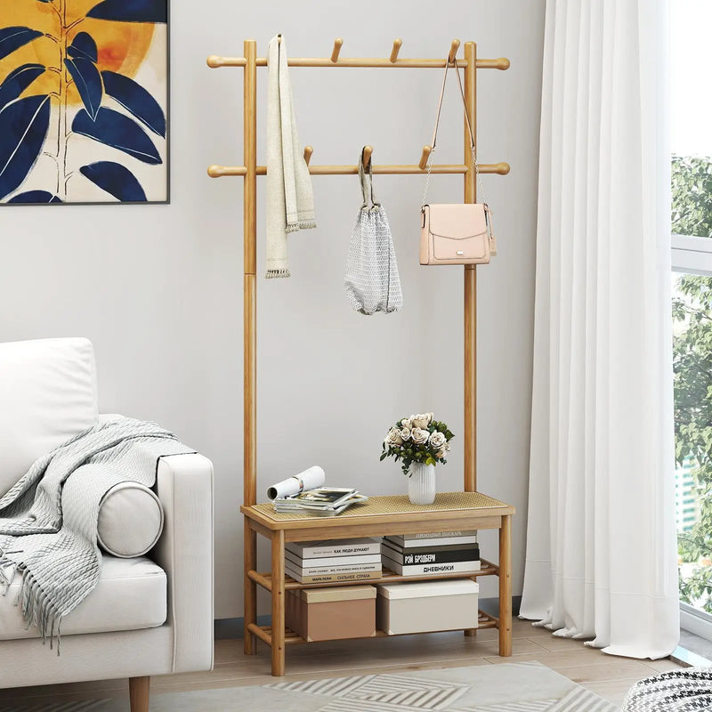 Bamboo Coat Rack PE Rattan Hall Tree with Bench and Shoe Storage 3-In-1 Entryway Bench by DirectDeals