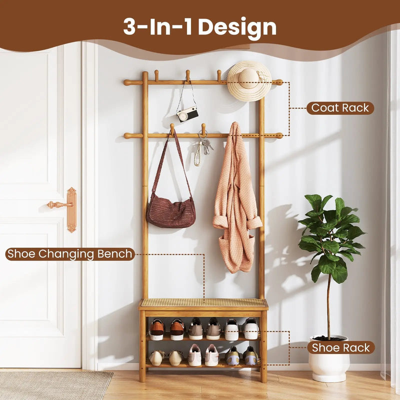Bamboo Coat Rack PE Rattan Hall Tree with Bench and Shoe Storage 3-In-1 Entryway Bench by DirectDeals