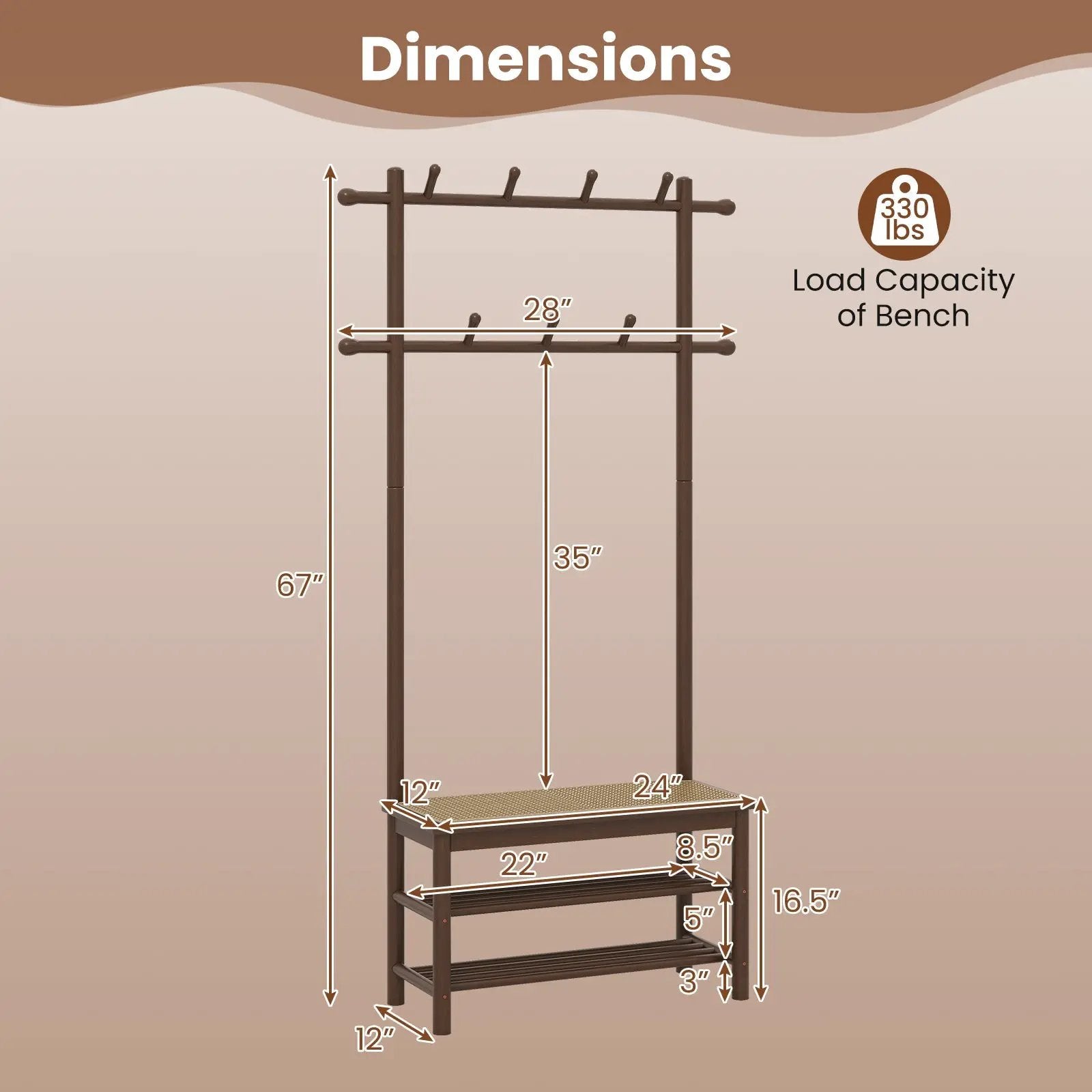 Bamboo Coat Rack PE Rattan Hall Tree with Bench and Shoe Storage 3-In-1 Entryway Bench by DirectDeals
