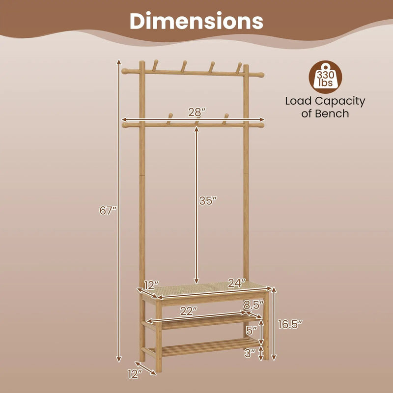 Bamboo Coat Rack PE Rattan Hall Tree with Bench and Shoe Storage 3-In-1 Entryway Bench by DirectDeals
