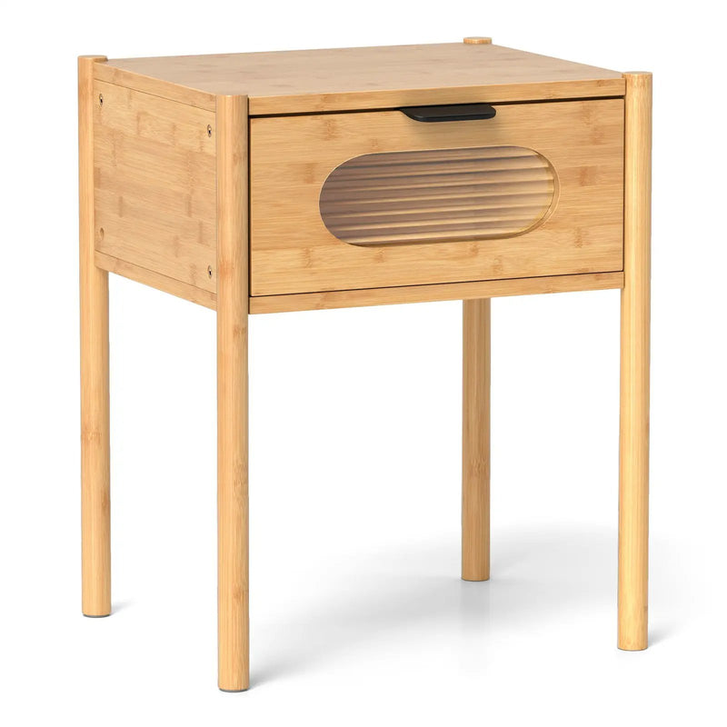 Bamboo Nightstand Square Tall End Table with Decorated Drawer-Natural by DirectDeals