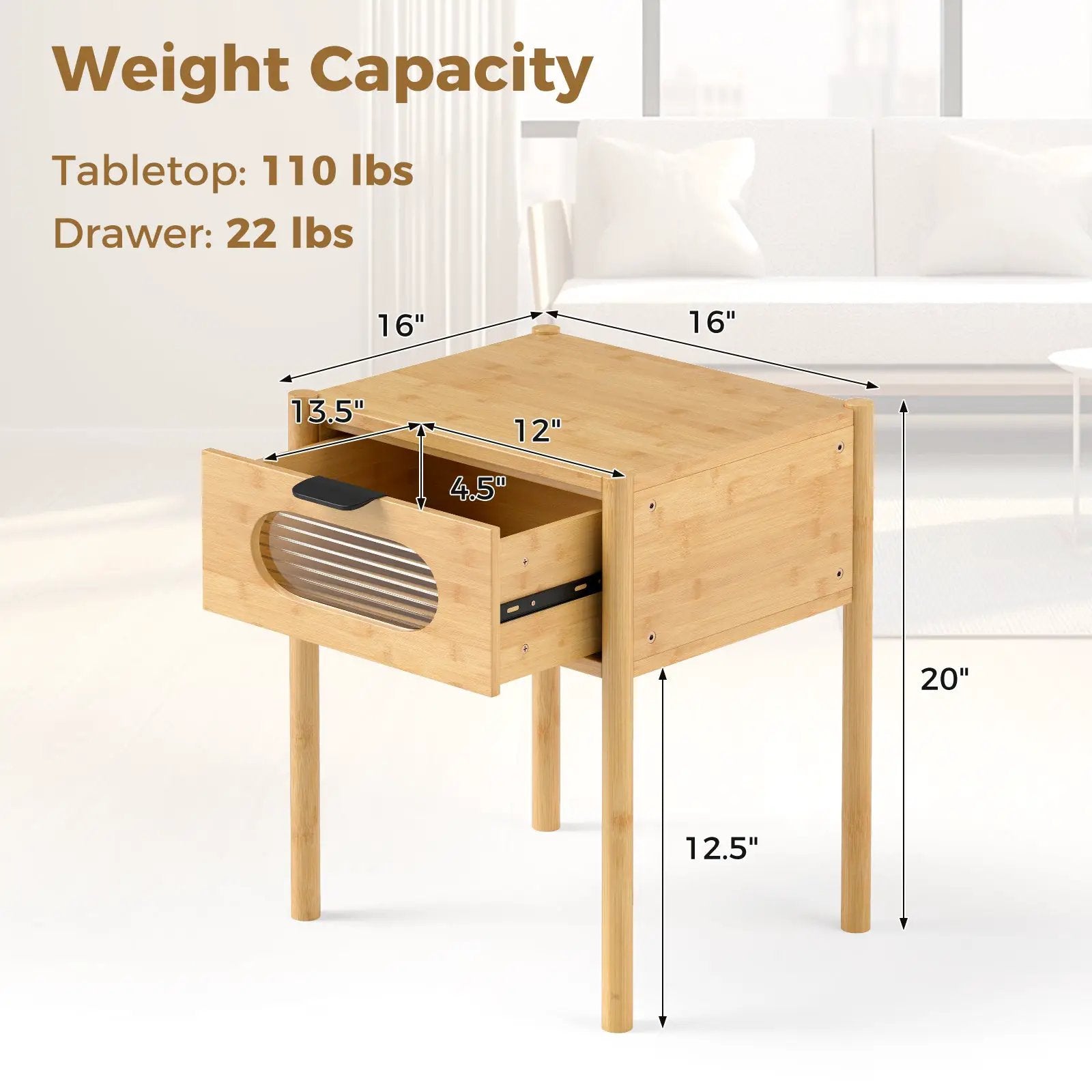 Bamboo Nightstand Square Tall End Table with Decorated Drawer-Natural by DirectDeals