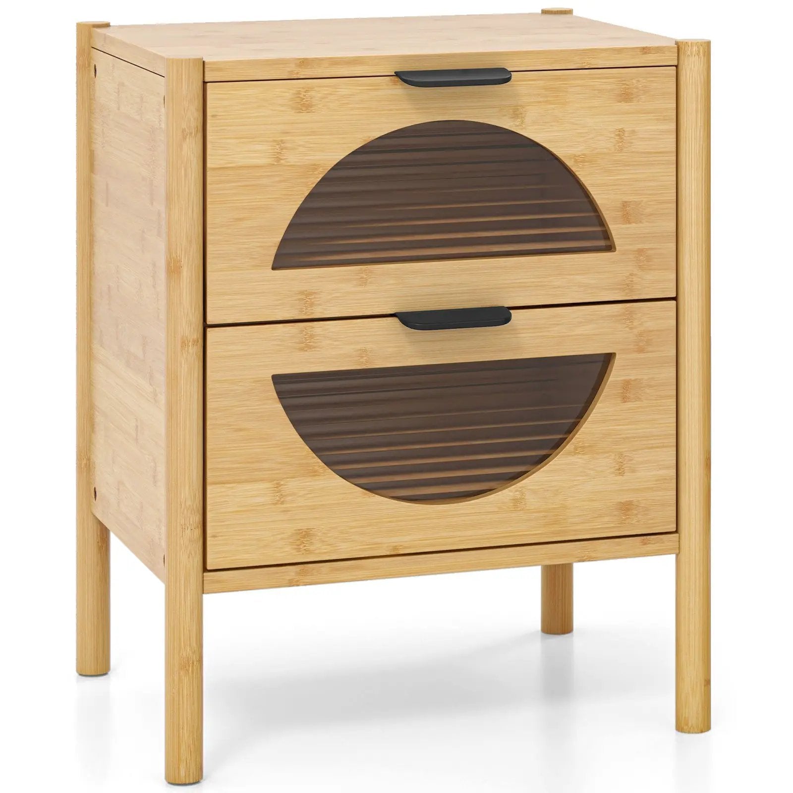 Bamboo Nightstand with 2 Storage Drawers and Reeded Tempered Glass Fronts-Natural by DirectDeals