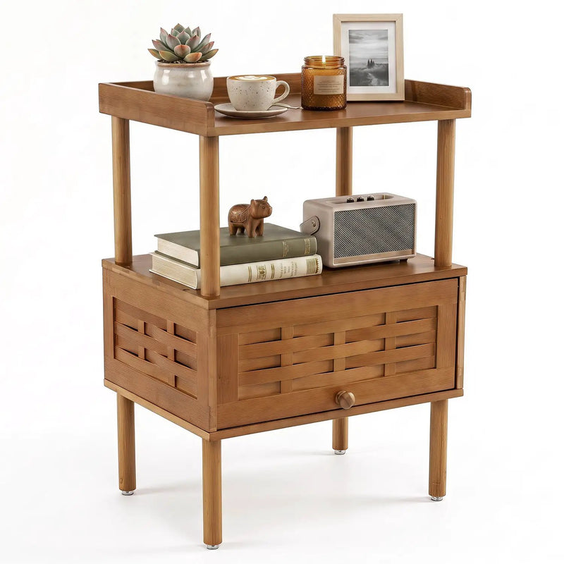 Bamboo Rattan Nightstand with Flip-Up Door and Open Shelf by DirectDeals