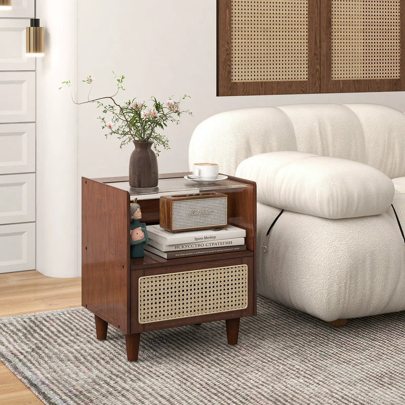 Bamboo Rattan Nightstand with Drawer and Solid Wood Legs by DirectDeals