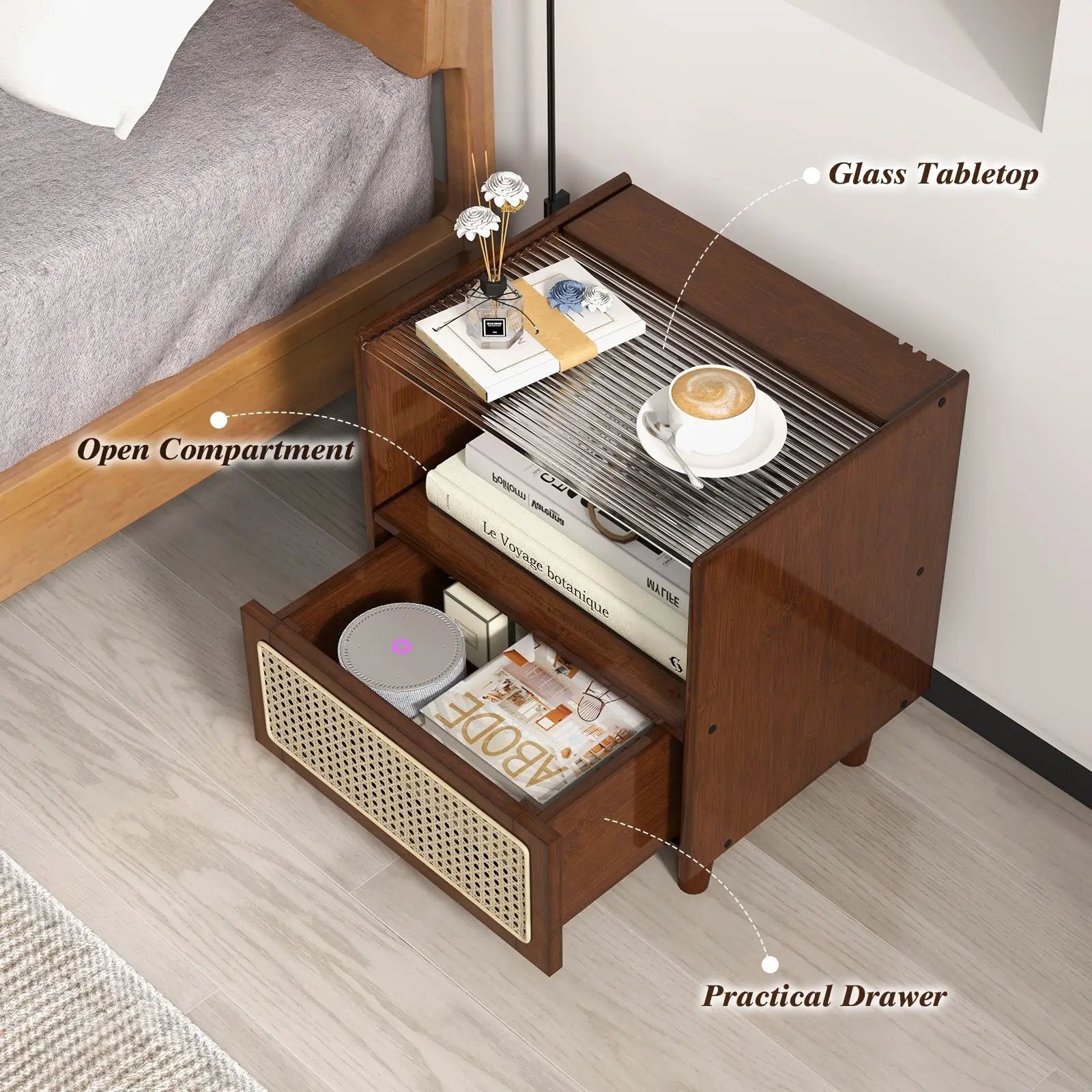 Bamboo Rattan Nightstand with Drawer and Solid Wood Legs by DirectDeals