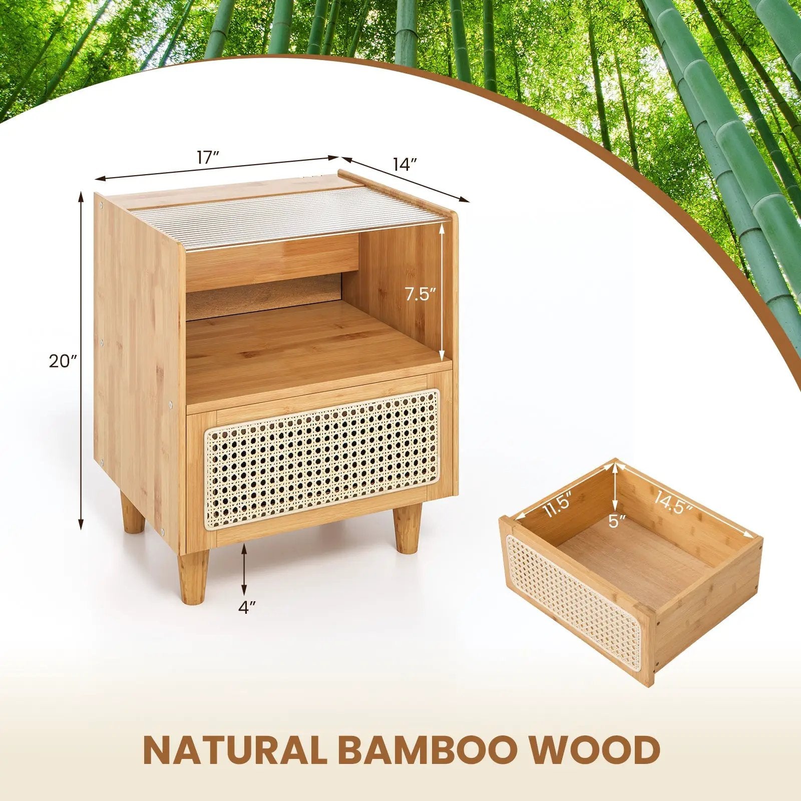 Bamboo Rattan Nightstand with Drawer and Solid Wood Legs by DirectDeals
