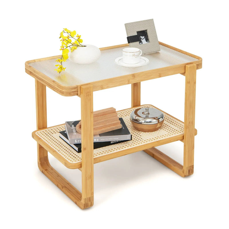 2-tier Bamboo Side Table with Glass Top-Natural by DirectDeals