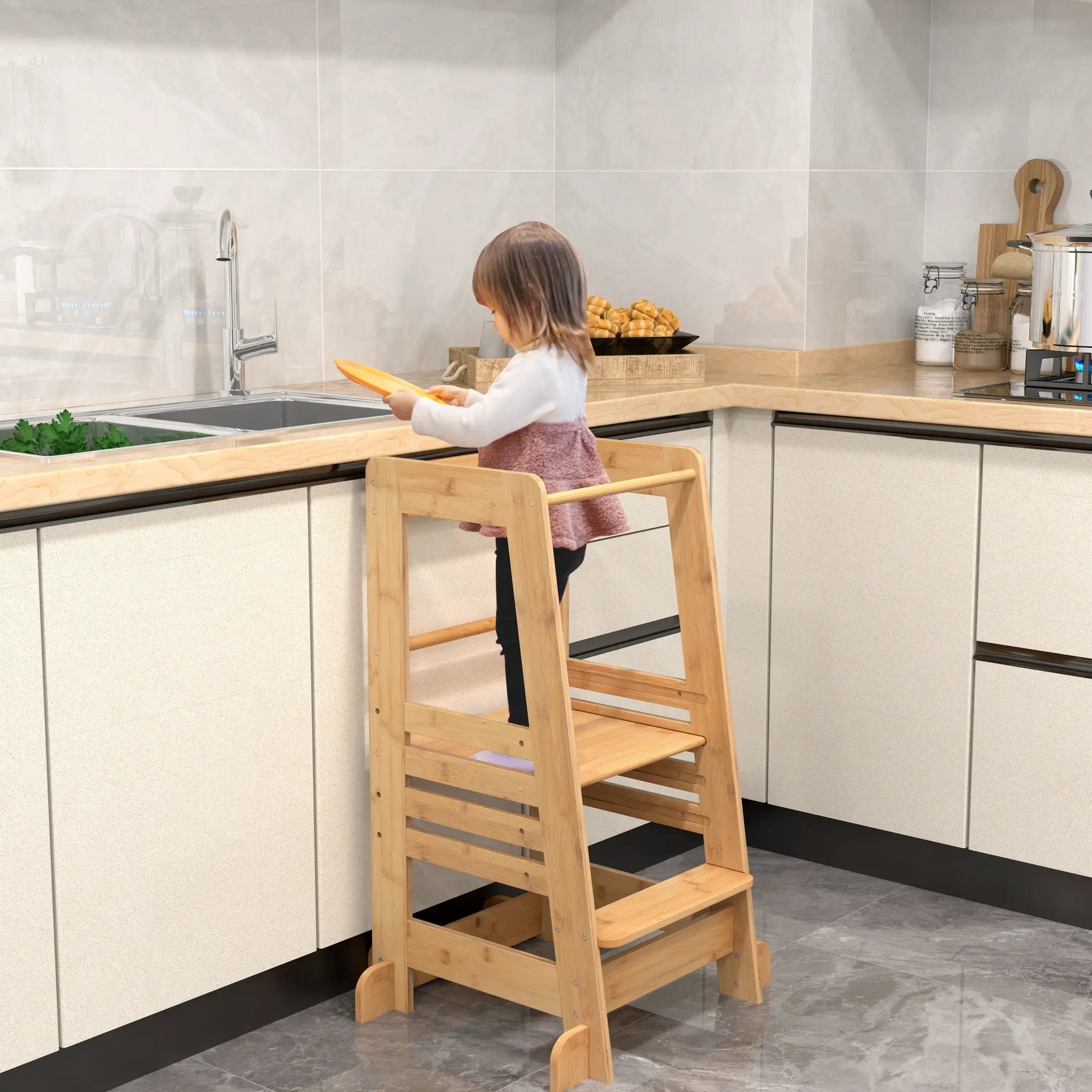 Bamboo Kids Kitchen Step Stool with Adjustable Height and Safety Rails-Natural by DirectDeals