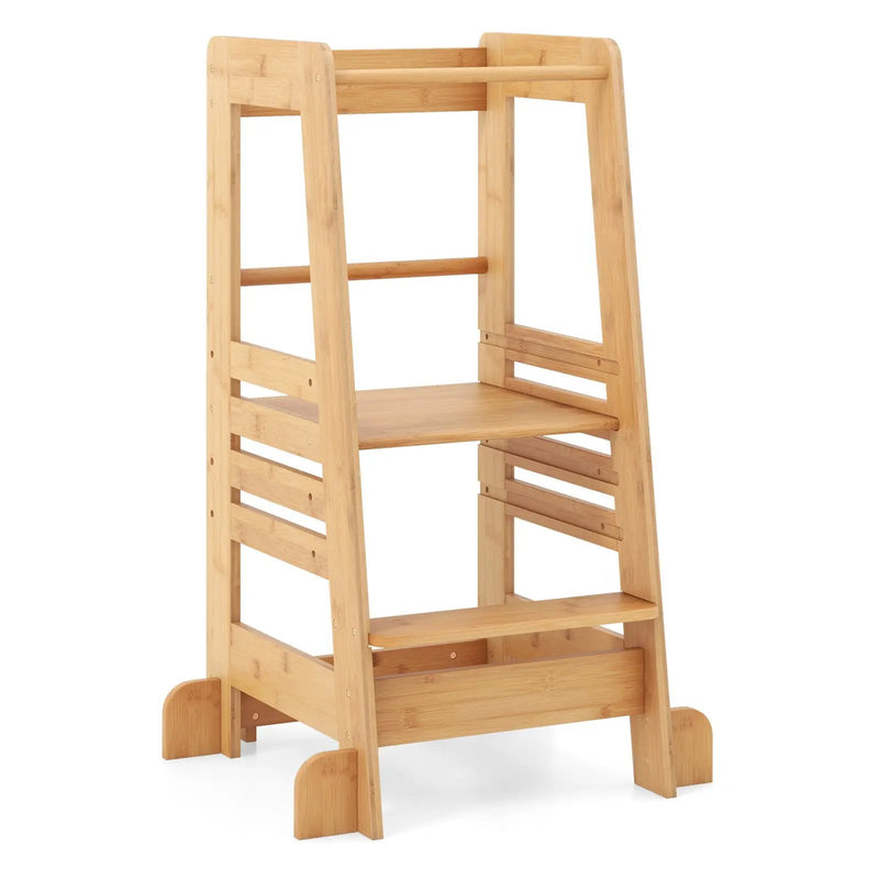 Bamboo Kids Kitchen Step Stool with Adjustable Height and Safety Rails-Natural by DirectDeals
