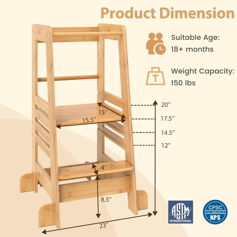 Bamboo Kids Kitchen Step Stool with Adjustable Height and Safety Rails-Natural by DirectDeals