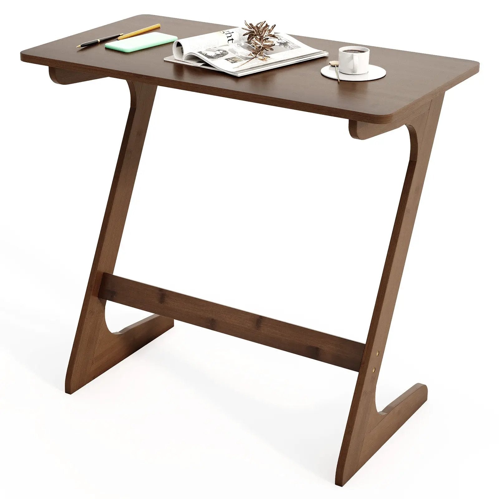 Bamboo Z-Shaped Spacious Sofa Side Table with Space-Saving Tabletop by DirectDeals