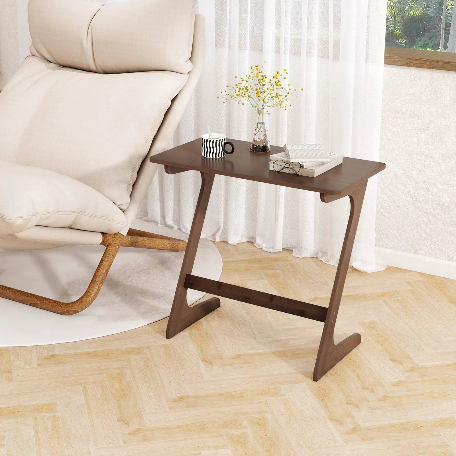 Bamboo Z-Shaped Spacious Sofa Side Table with Space-Saving Tabletop by DirectDeals