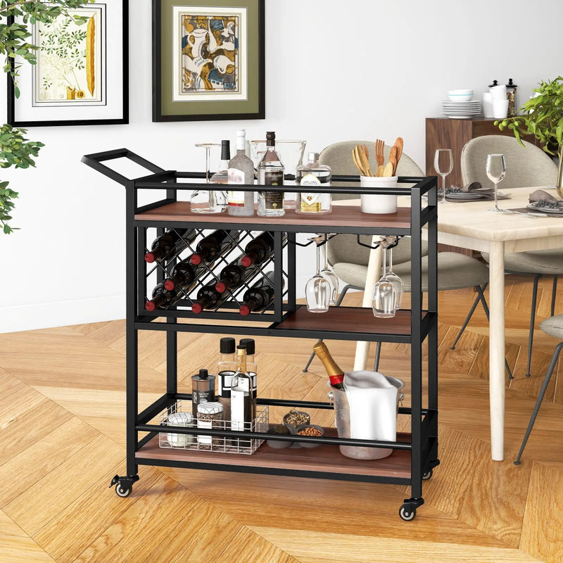 3-tier Bar Cart on Wheels Home Kitchen Serving Cart with Wine Rack and Glasses Holder by DirectDeals