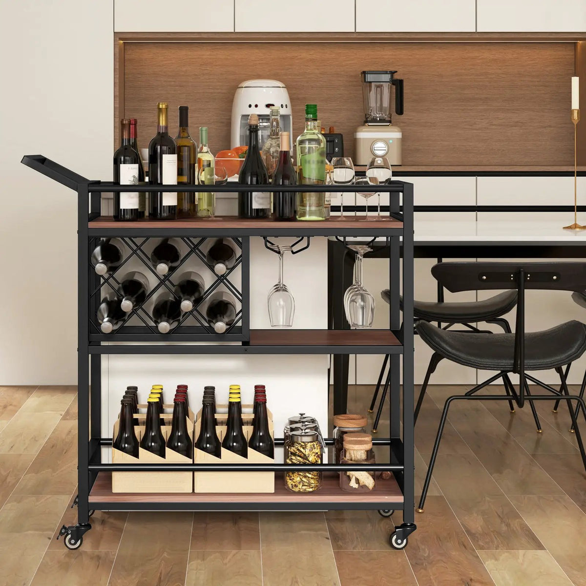 3-tier Bar Cart on Wheels Home Kitchen Serving Cart with Wine Rack and Glasses Holder, photo 6 of 9