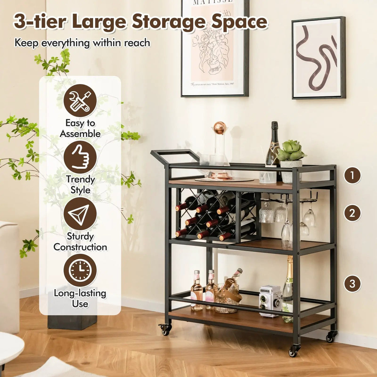 3-tier Bar Cart on Wheels Home Kitchen Serving Cart with Wine Rack and Glasses Holder, photo 8 of 9