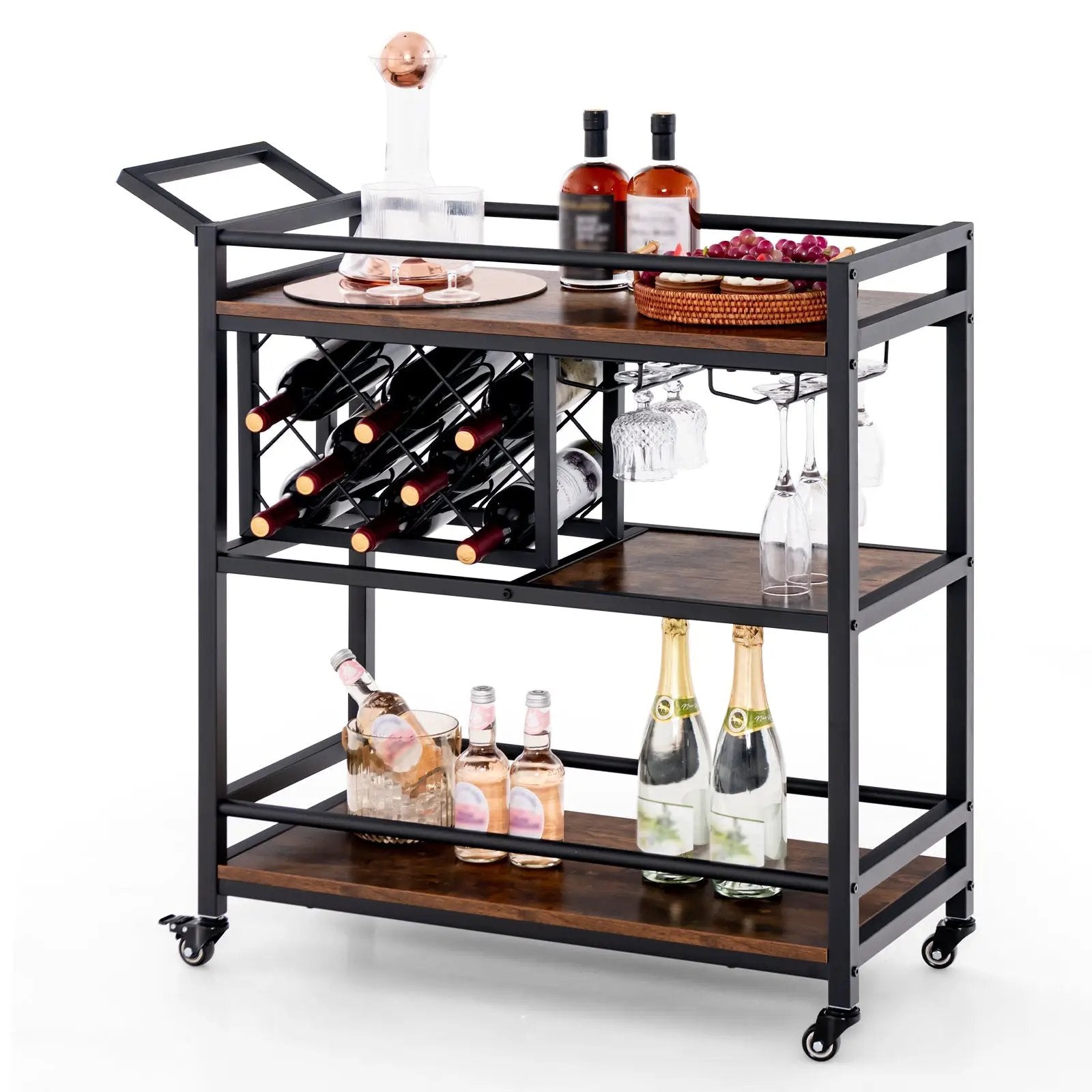 3-tier Bar Cart on Wheels Home Kitchen Serving Cart with Wine Rack and Glasses Holder by DirectDeals