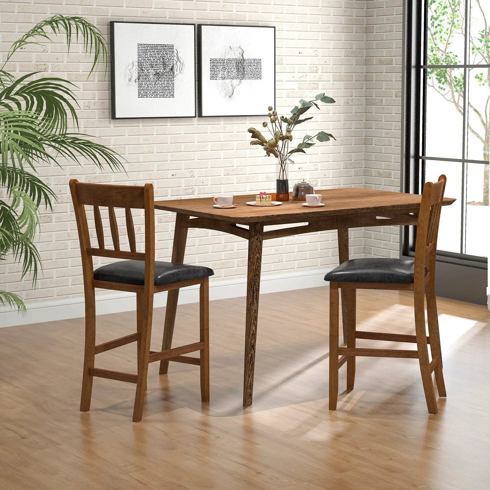 25.5 Inch Counter Height Bar Chair Set of 2 with Backrest Padded Seat-Walnut by DirectDeals