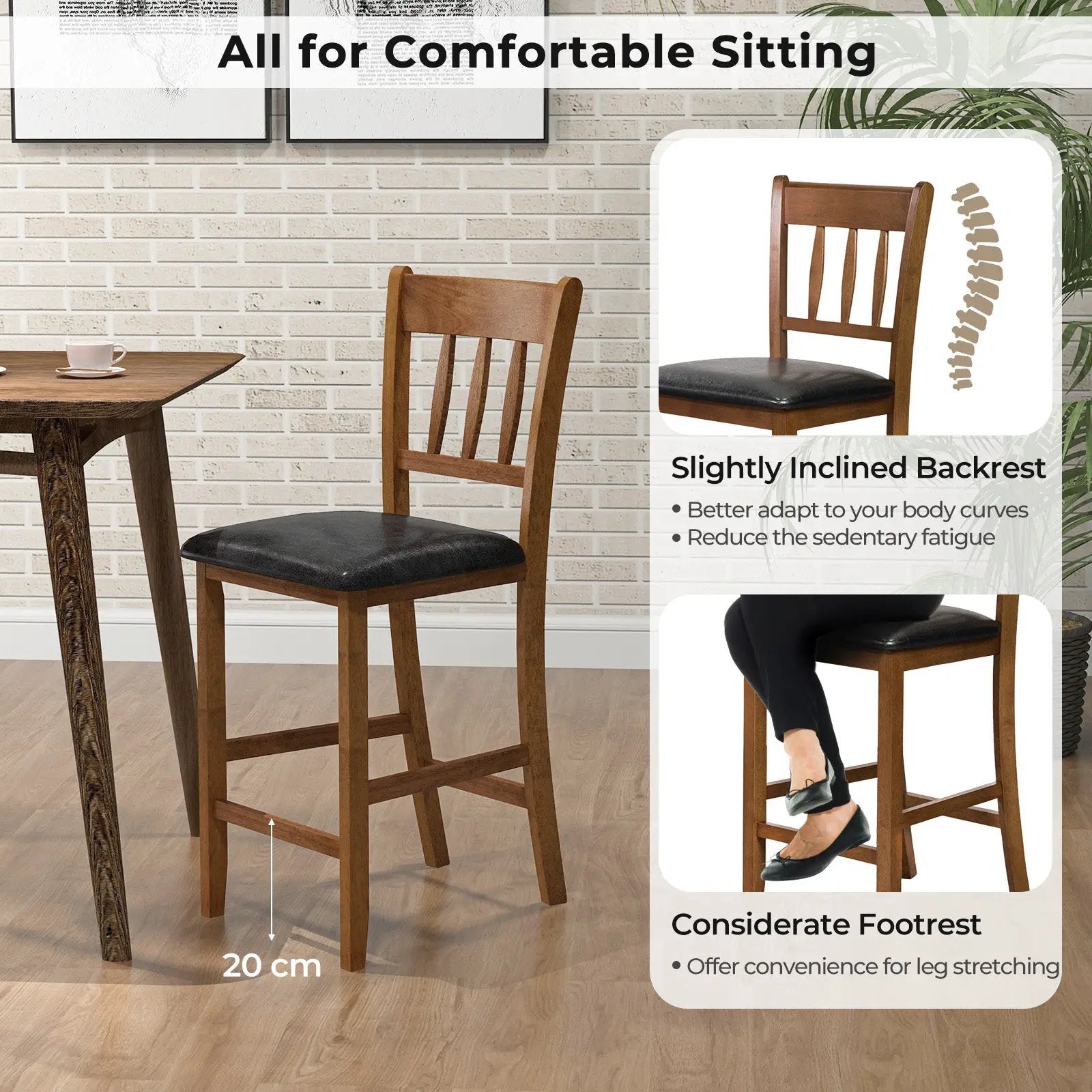25.5 Inch Counter Height Bar Chair Set of 2 with Backrest Padded Seat-Walnut by DirectDeals