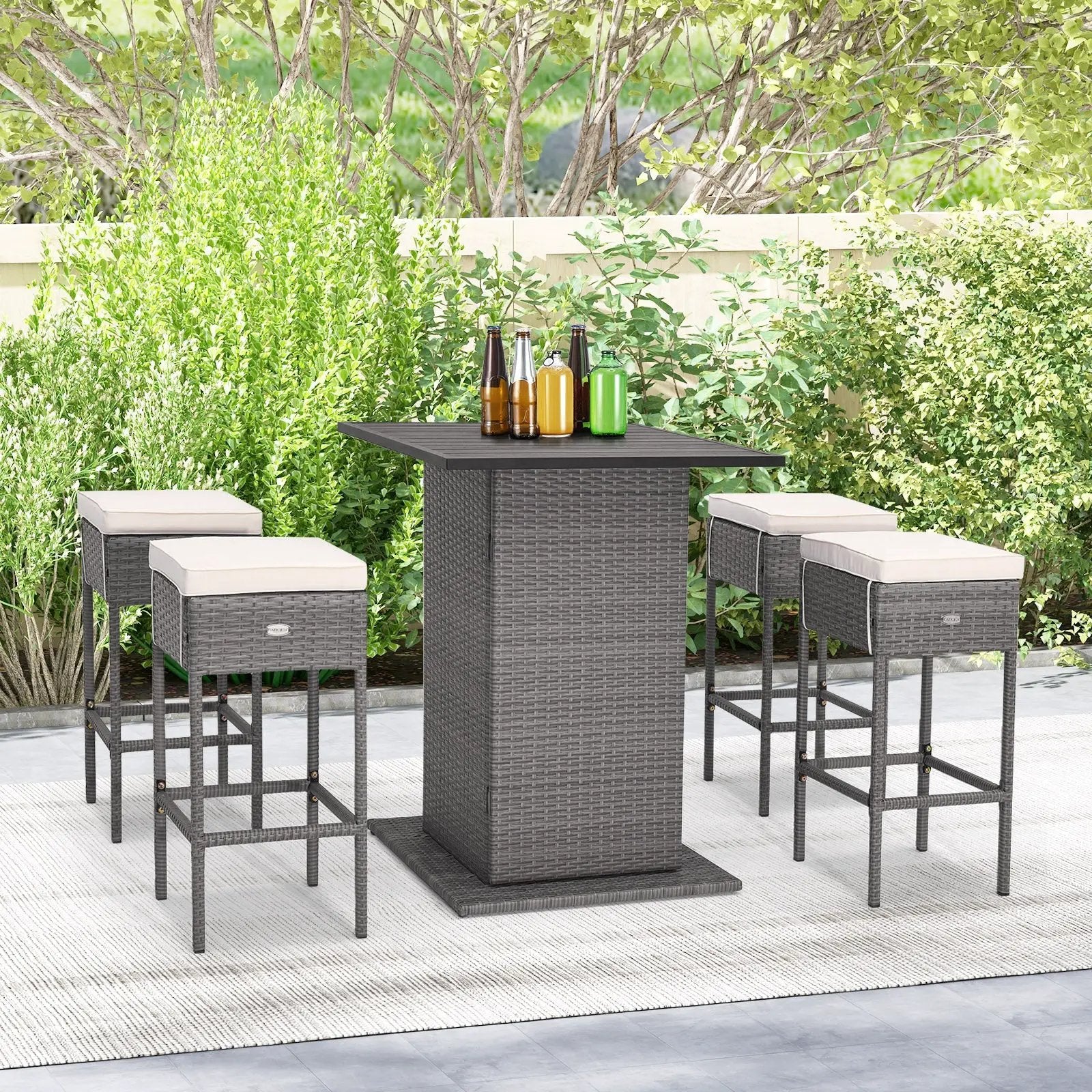 5 Pieces Outdoor Wicker Bar Table Set with Hidden Storage Shelves-White by DirectDeals