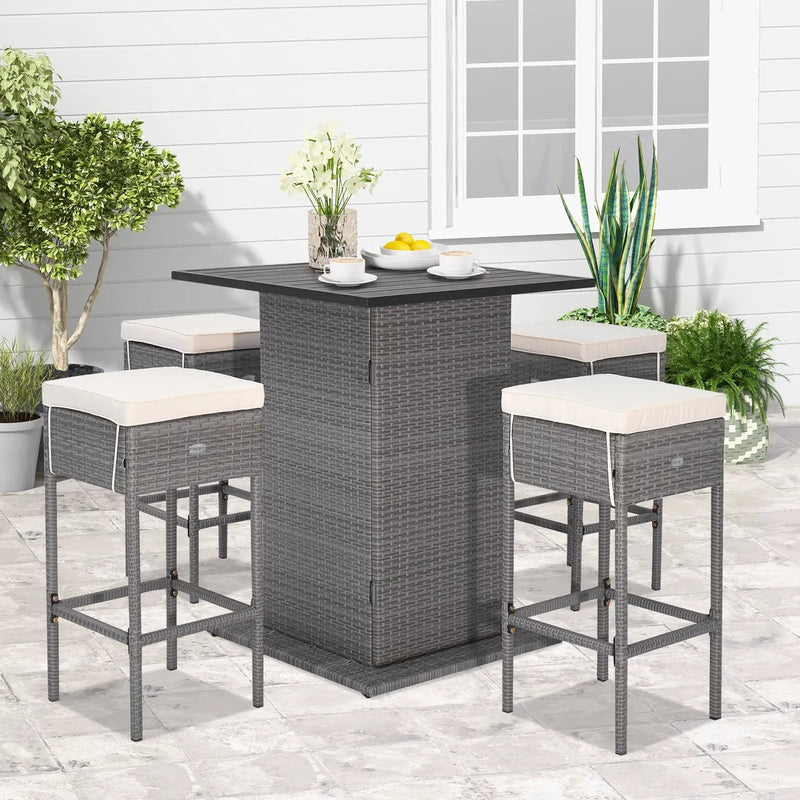 5 Pieces Outdoor Wicker Bar Table Set with Hidden Storage Shelves-White by DirectDeals