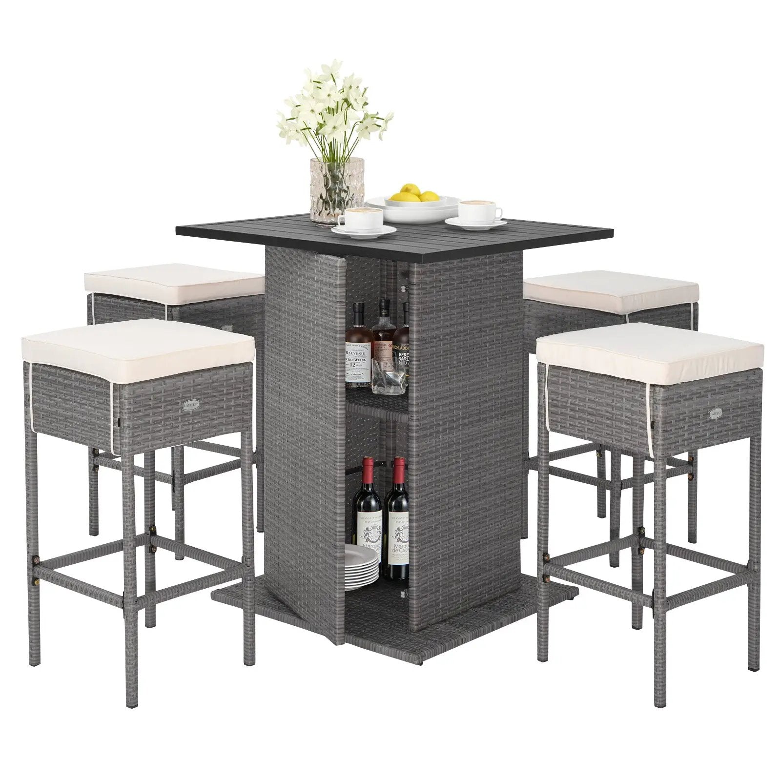 5 Pieces Outdoor Wicker Bar Table Set with Hidden Storage Shelves-White by DirectDeals