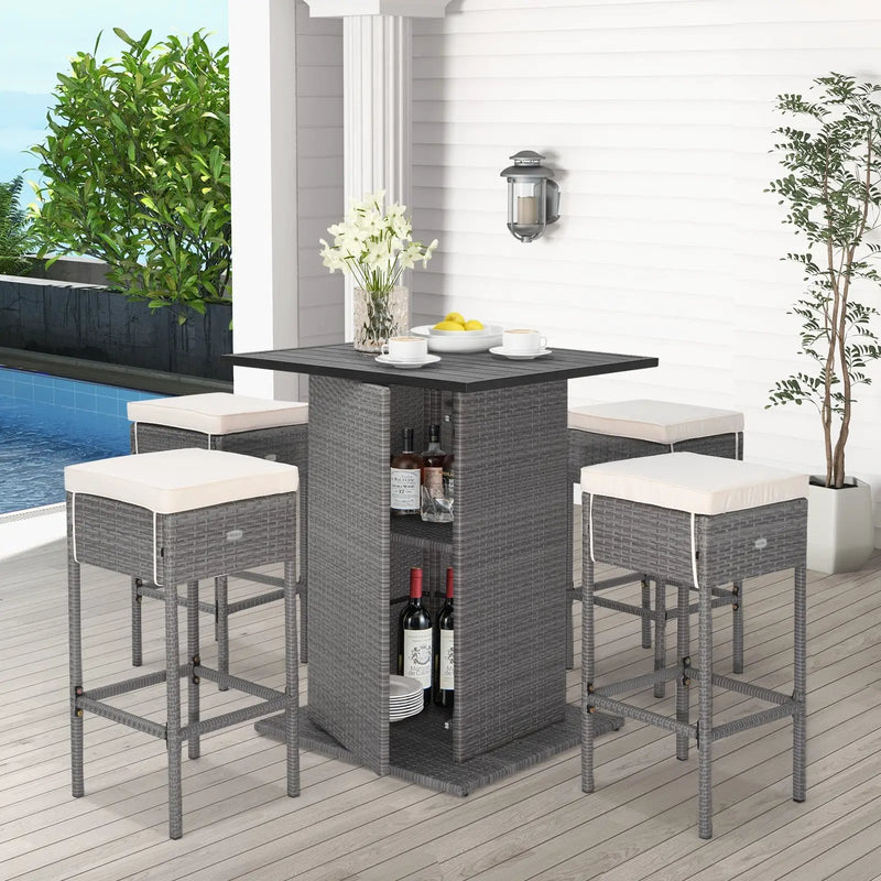 5 Pieces Outdoor Wicker Bar Table Set with Hidden Storage Shelves-White by DirectDeals