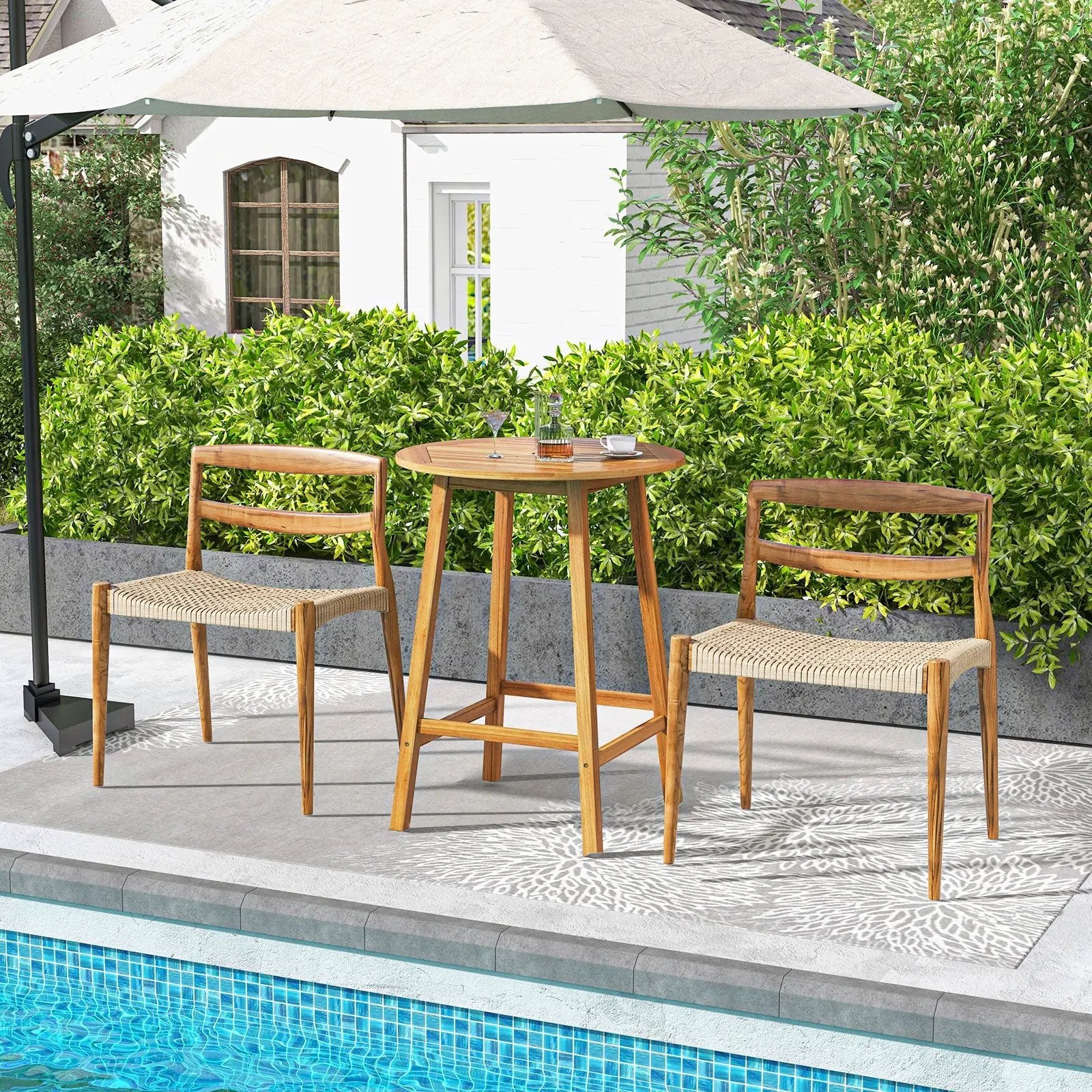 Bar Height Table with Umbrella Hole and Slatted Tabletop for Outdoors by DirectDeals