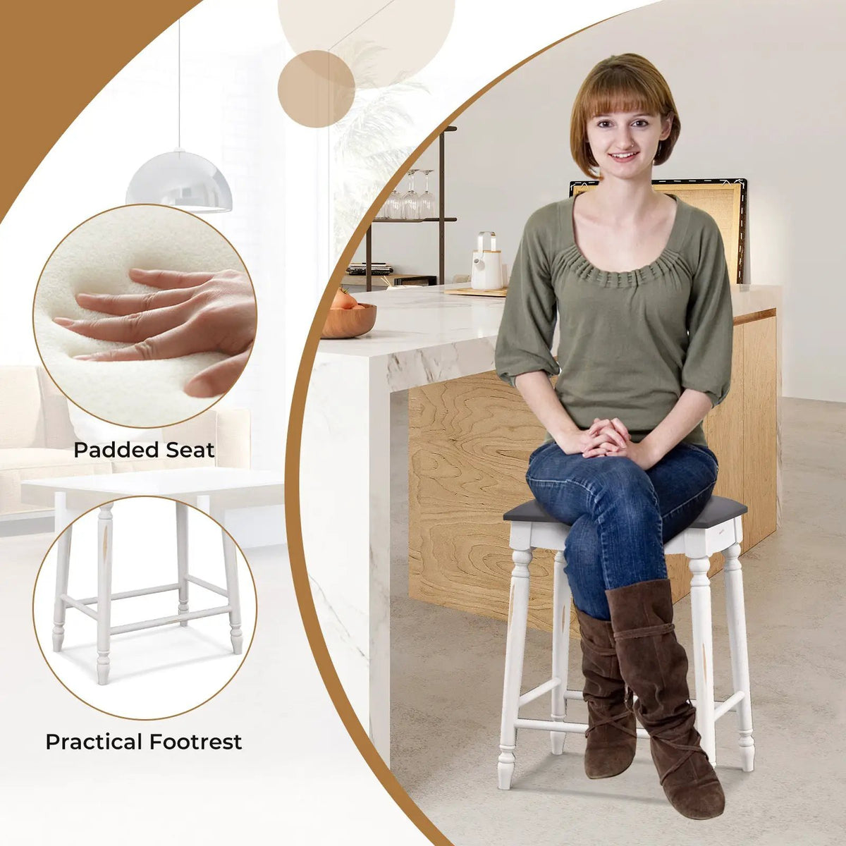 29 Inch Bar Stool Set of 2 with Padded Seat Cushions and Wood Legs-29 inches, photo 7 of 9