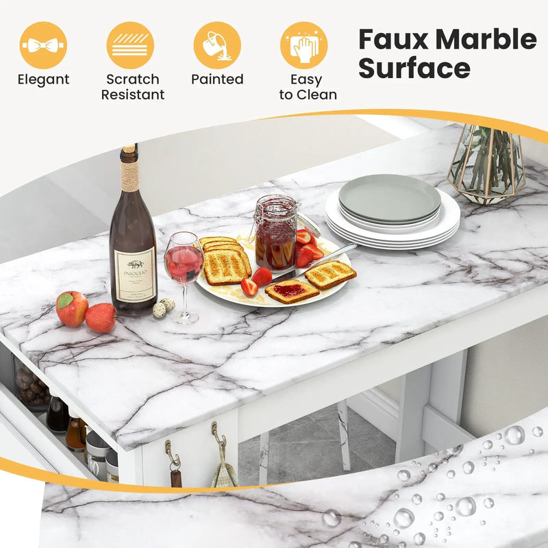 Bar Table Faux Marble Pub Table with 7 Hanging Hooks Compartment-White by DirectDeals