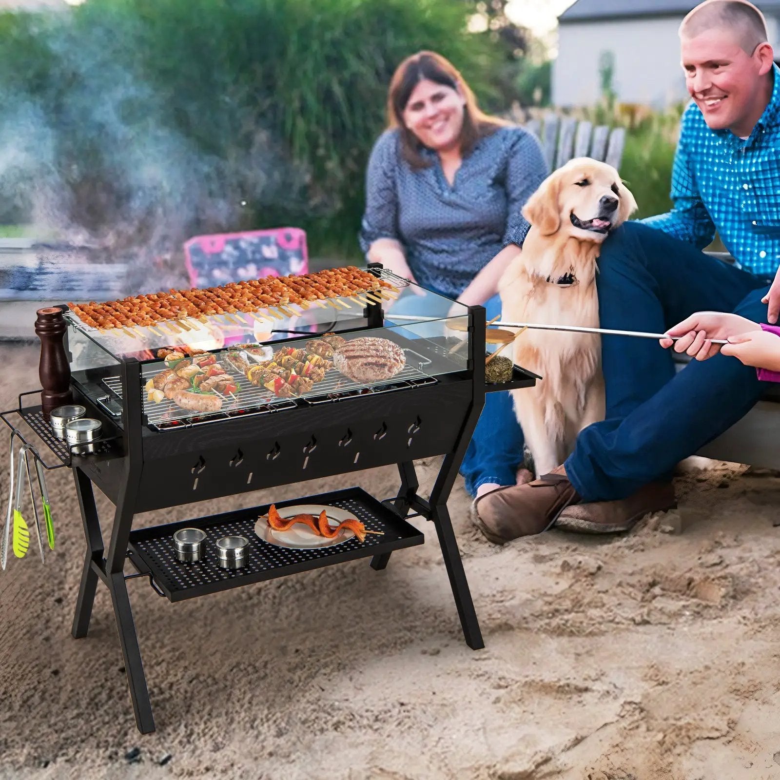 Barbecue Charcoal Grills with Wind Guard Seasoning Racks-Black by DirectDeals