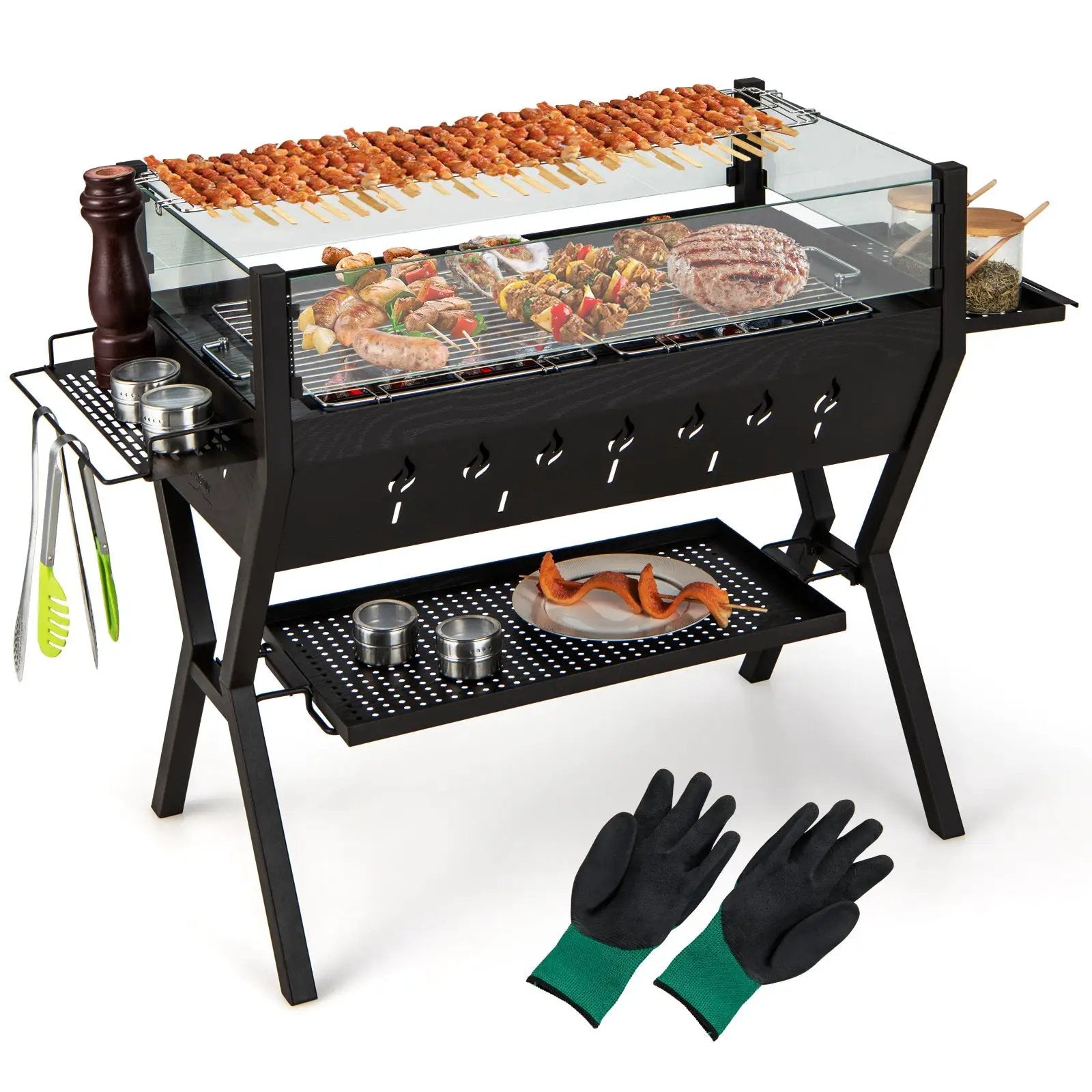 Barbecue Charcoal Grills with Wind Guard Seasoning Racks-Black by DirectDeals