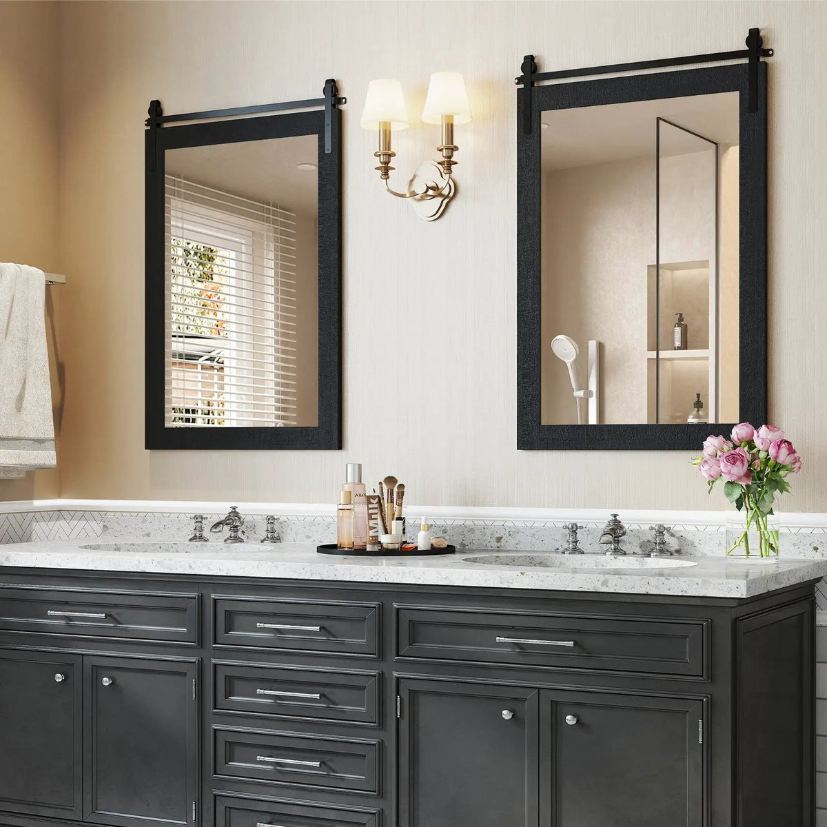 Rustic Wood Frame Barn Door Style Farmhouse Wall Mirror, photo 25 of 32