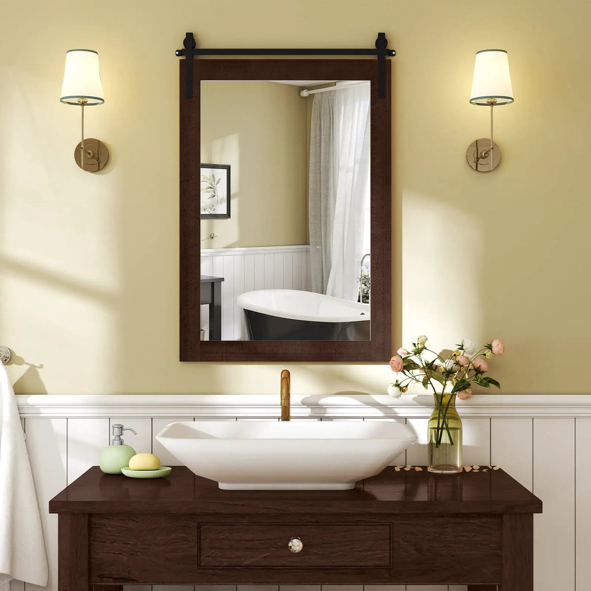 Rustic Wood Frame Barn Door Style Farmhouse Wall Mirror