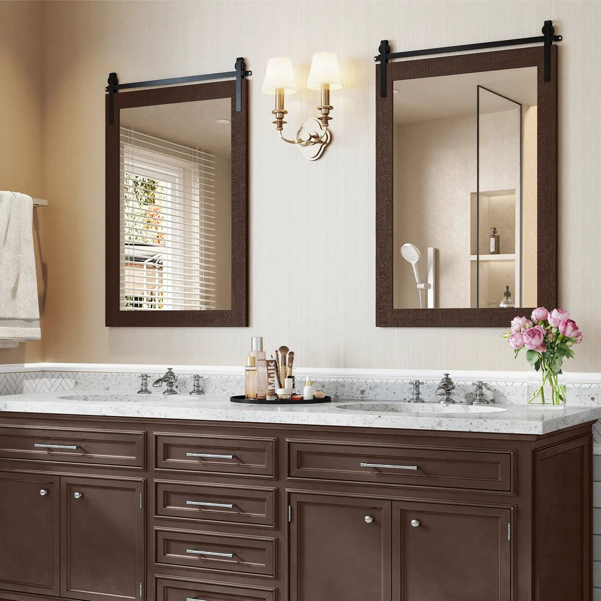 Rustic Wood Frame Barn Door Style Farmhouse Wall Mirror, photo 23 of 32