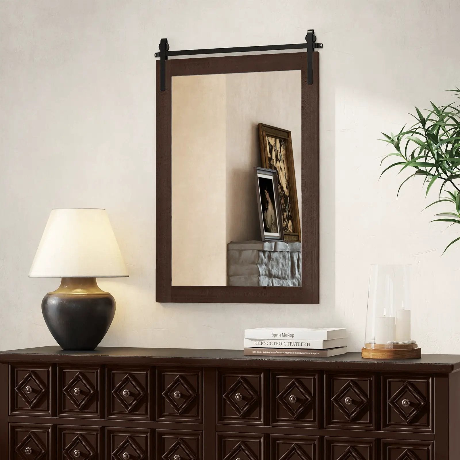 Rustic Wood Frame Barn Door Style Farmhouse Wall Mirror by DirectDeals