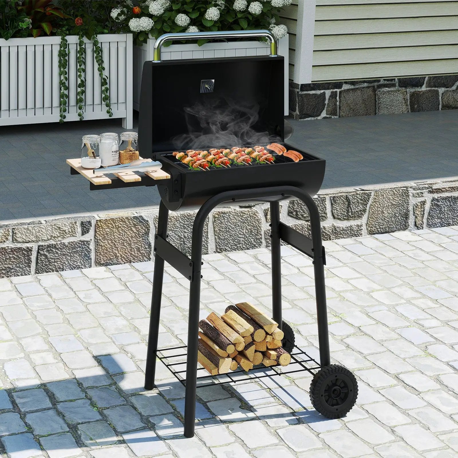 Barrel Charcoal Grill with Foldable Side Table and Thermostat-Black by DirectDeals