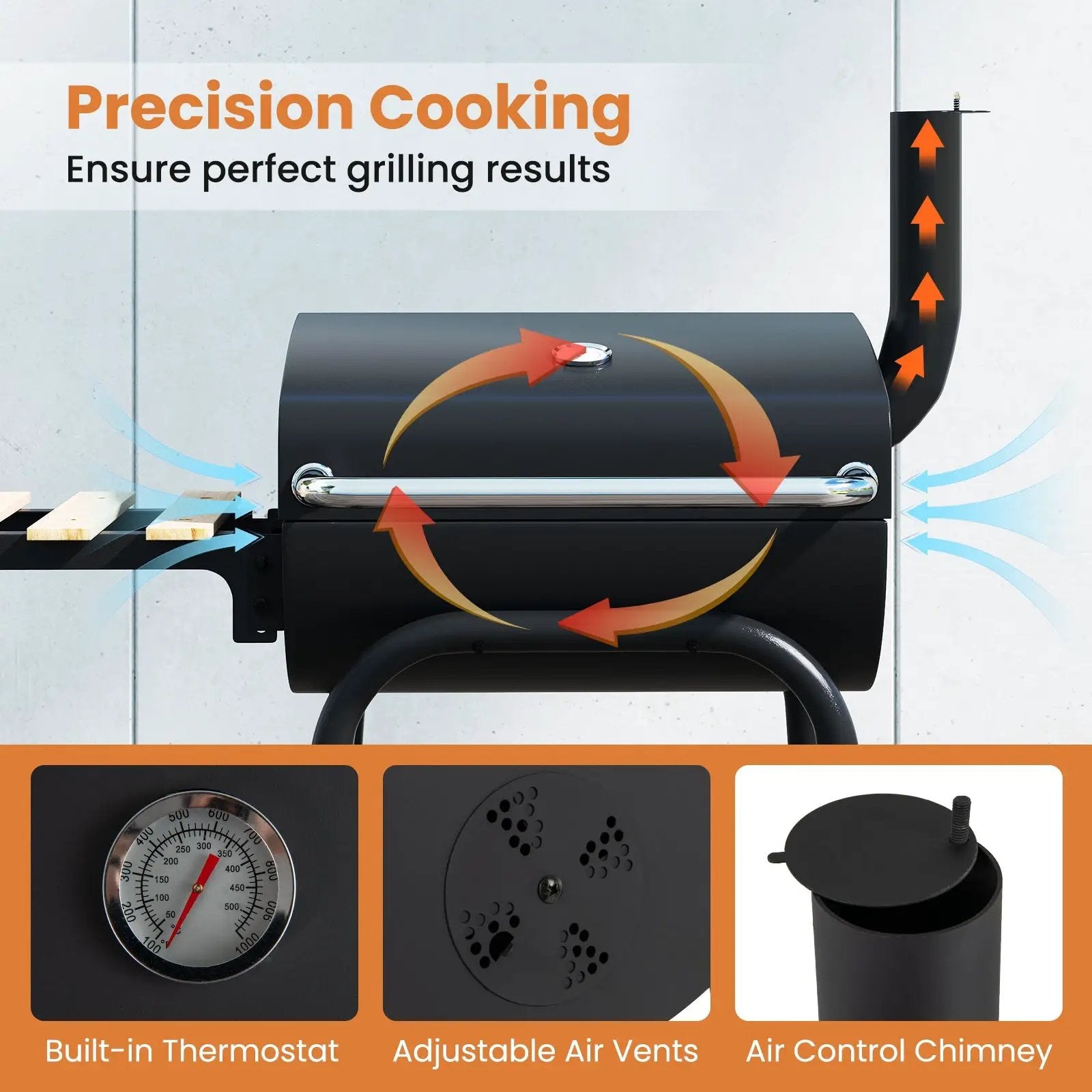 Barrel Charcoal Grill with Foldable Side Table and Thermostat-Black by DirectDeals