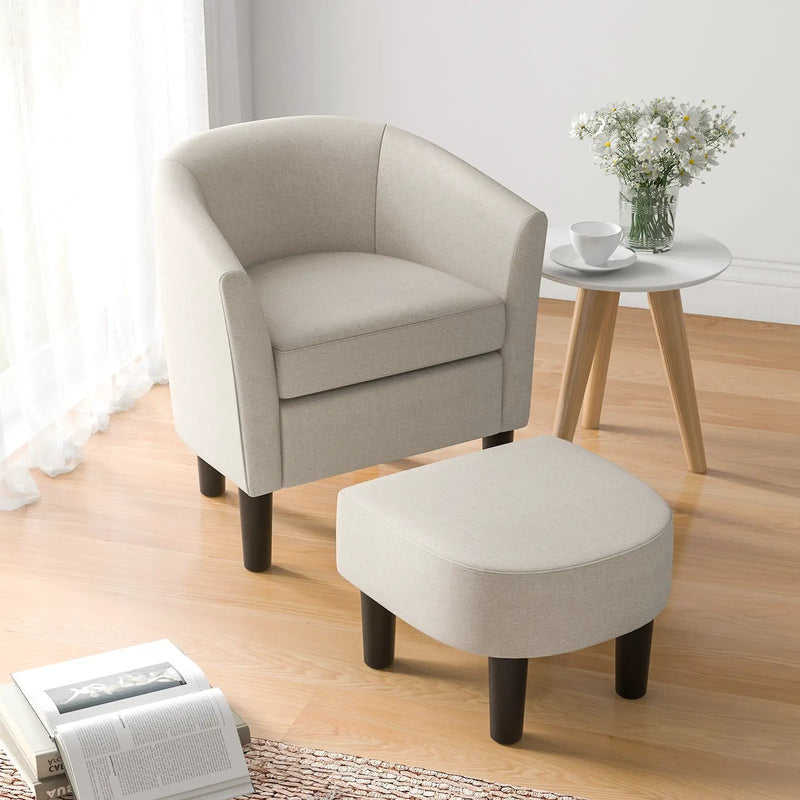 Barrel Club Chair with Ottoman Set Linen Fabric Accent Chair with Footrest by DirectDeals