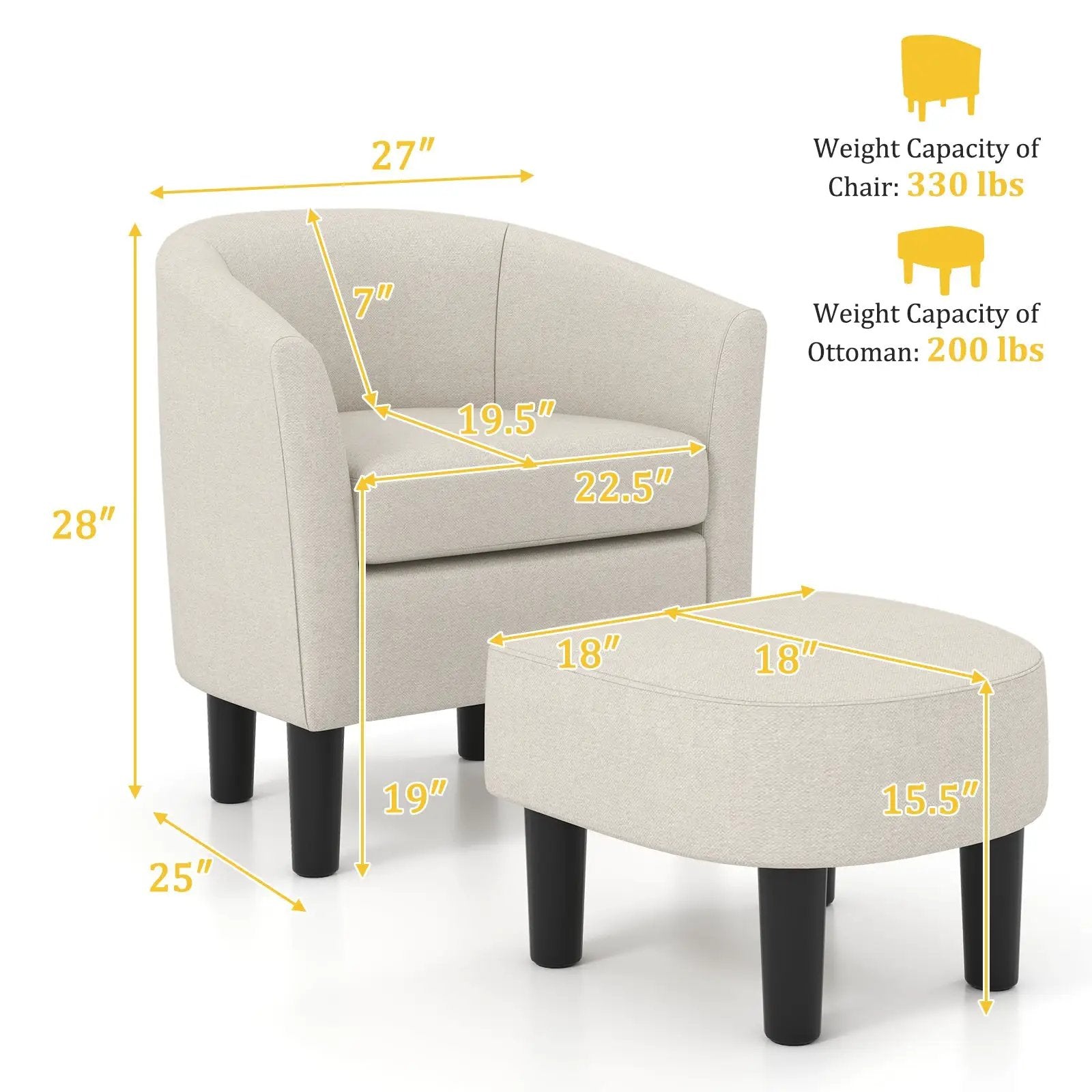 Barrel Club Chair with Ottoman Set Linen Fabric Accent Chair with Footrest by DirectDeals