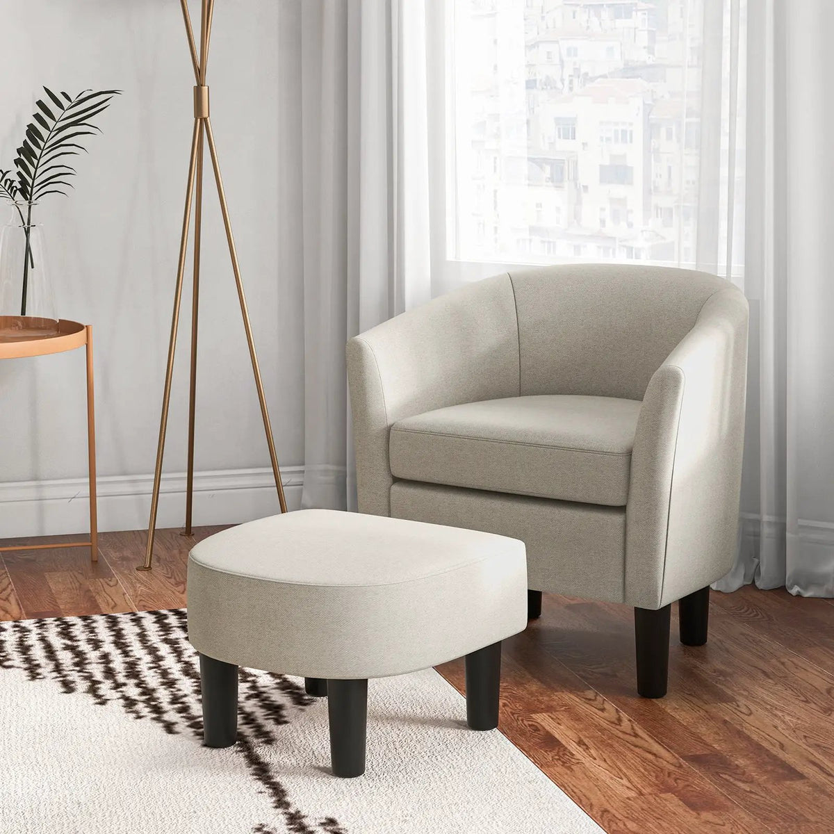 Barrel Club Chair with Ottoman Set Linen Fabric Accent Chair with Footrest, photo 7 of 16