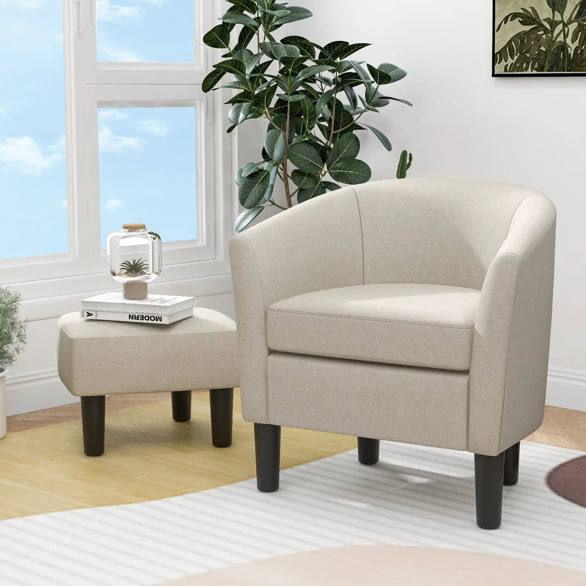 Barrel Club Chair with Ottoman Set Linen Fabric Accent Chair with Footrest, photo 5 of 16