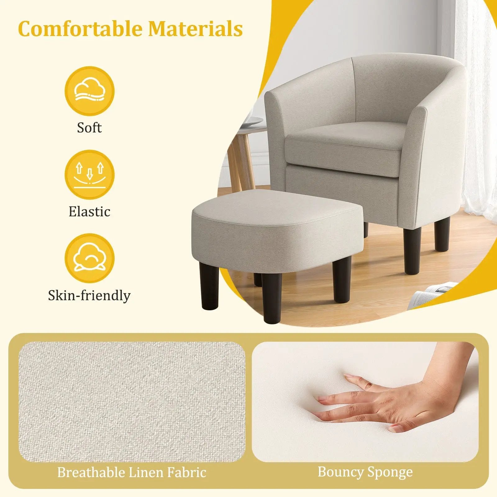 Barrel Club Chair with Ottoman Set Linen Fabric Accent Chair with Footrest by DirectDeals