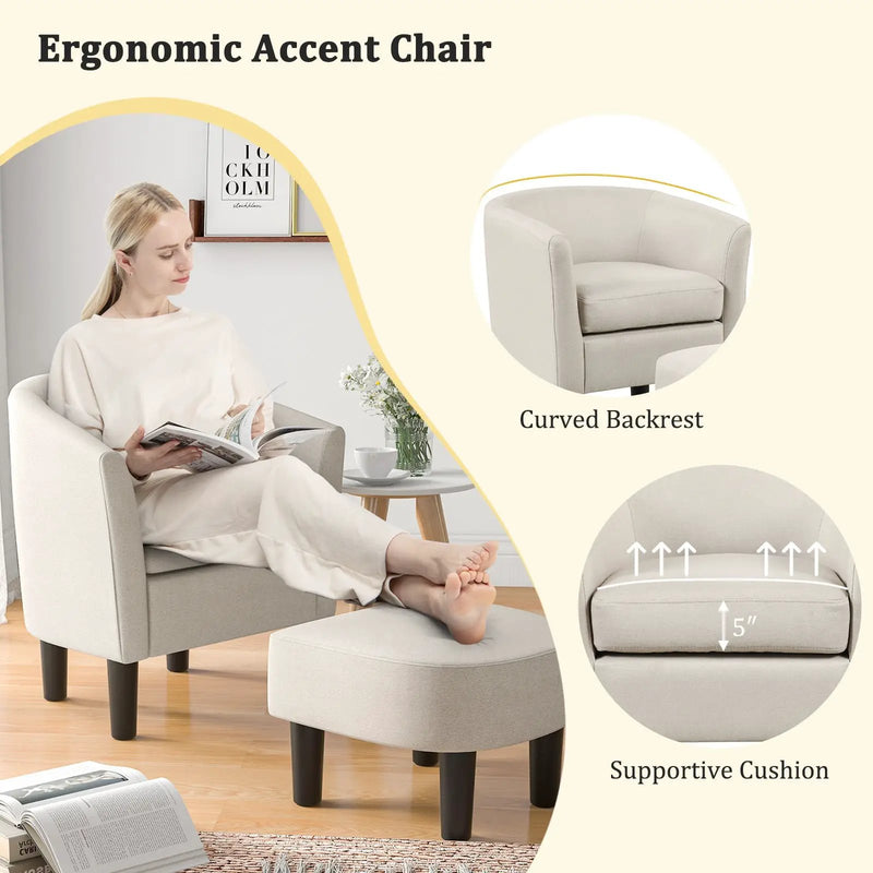 Barrel Club Chair with Ottoman Set Linen Fabric Accent Chair with Footrest by DirectDeals
