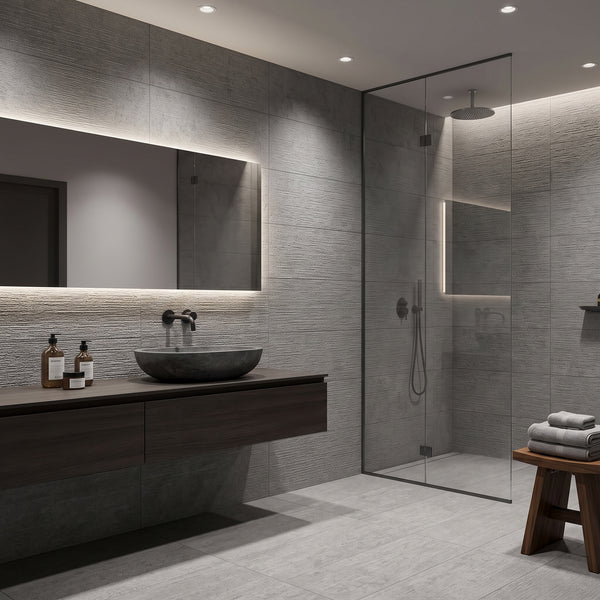 Modern bathroom interior with a floating dark wood vanity, vessel sink, large mirror, glass shower enclosure, gray stone tile walls and floor, and a small wooden stool with folded towels.
