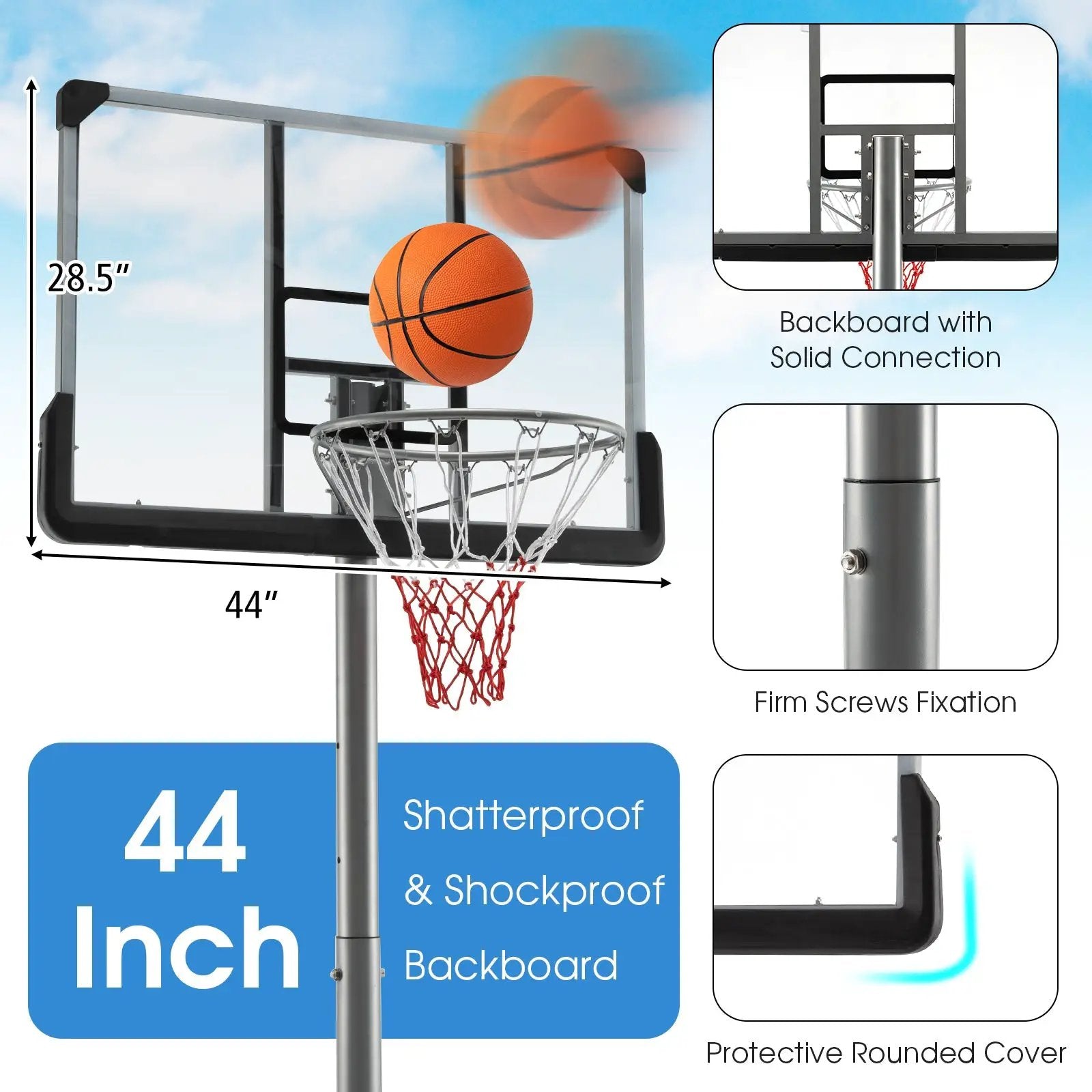 Basketball Hoop with 5.4-6.6FT Adjustable Height and 50 Inch Backboard-Black by DirectDeals